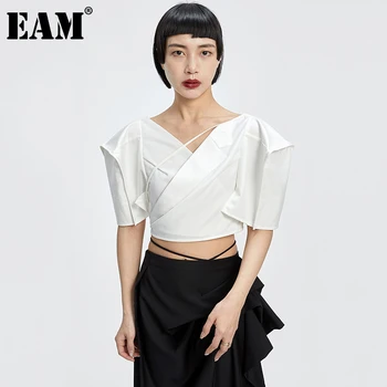 [EAM] Moterys, Baltos spalvos Kryžiaus Formos Tvarstis Trumpa Palaidinė Nauja V-apykaklės Pusė Rankovės Loose Fit Marškinėliai Mados Pavasario Vasaros 2021 1DD8356