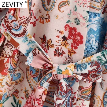 Zevity Moterų Vintage V Kaklo Totem Gėlių Spausdinti Prarasti Kimono Smock Palaidinė Moteriška Elegancija Lankas Varčias Megztinis Marškinėliai Blusa Viršūnes LS9422