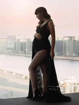 Nėriniai Motinystės Suknelė Išgalvotas Fotosesiją Sexy Baby Shower Maxi Ilgas Nėštumo Suknelė Padalinta Priekiniai Nėščiųjų Fotografijos Prop