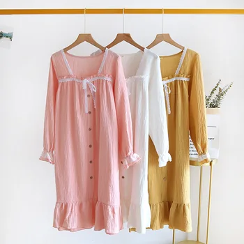 Pavasario/Vasaros 2021 naują stilių medvilnės nightdress nėrinių ilgomis rankovėmis saldus ponios plonas ilgas sijonas namų trumparankoviai sijonas