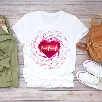 Moterims 90-ųjų Animacinių filmų Širdies Meilės Mielas trumpomis Rankovėmis Drabužius Lady T-shirts Top Moteriški Marškinėliai Ponios Stilingas 2021 Tee Marškinėliai