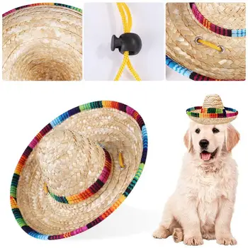 1PC Šiaudų Sombrero Mexican Hat Pet Reguliuojamas Sagties Spalvotų Pet Šiaudų Šuo, Katė Skrybėlę Žaislas Augintiniui Apdaila