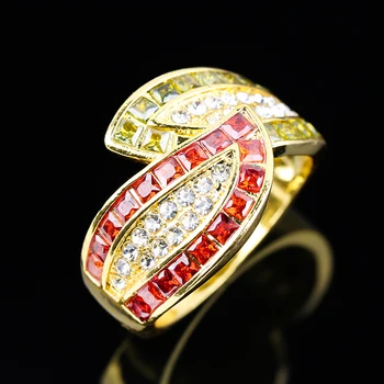 Išskirtinį Aukso Spalvos Išskirstytų Mikro Nutiesti CZ Stone Mados Žiedas Su Raudona Ir Žalia kalnų krištolas Žiedai Moterims Vestuvių Papuošalai