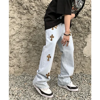 UNCLEDONJM Siuvinėjimo Hip-Hop Pločio Kojų Kelnės Vyrams, drabužiai kpop drabužiai vyrams dizaineris džinsus vyrų mados drabužių AN-C079