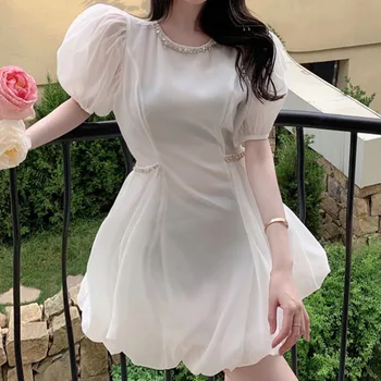 Gatvės Stiliaus Mados Deimantai Akių Burbulas Rankovės Baltas Mini Suknelės Vasarinės Aukštos Kokybės Derliaus Slim Juoda Suknelė Vestidos 2021