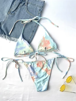 Seksualus Kaklaraištis Dažų Su Bikini Moterų maudymosi kostiumėlį Moterų maudymosi Kostiumėliai, Trijų vienetų Komplektas Bather Maudymosi 2020 String Trikini Mergaitėms Tiktų Plaukti