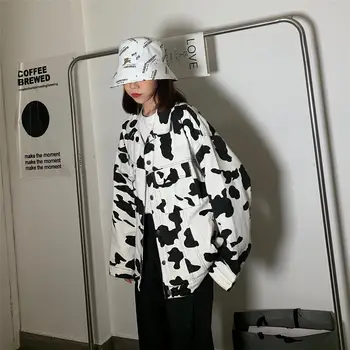 Moterys Karvės Print Single Krūtinėmis Striukė Džinsinio Striukė 2021 M. Pavasarį, Rudenį Indie Korėjos Derliaus Streetwear Laisvi Naujas Plus Size Paltai
