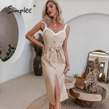Simplee Elegantiškas Aukšto juosmens Vneck Spageti Dirželis Suknelė Vasaros Nėriniai Tiesiai Moterų Suknelė 2021 Kietas Nėriniai-up Mygtuką Bodycon Suknelė