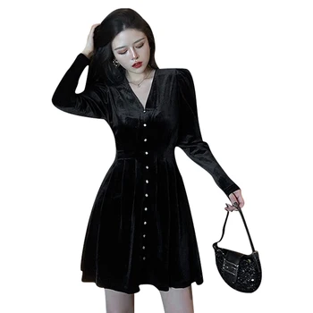Pavasario juodo aksomo suknelė elegantiškas temperamentas V-Kaklo, ilgomis rankovėmis mygtuką tinka aukšto juosmens suknelė avant-garde Suknelė Plius Dydis