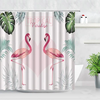 Raudona Flamingo Vonios Kambarys Dušo Užuolaidos Kabliukai Vonia Ekranai Tropinių Augalų Žali Lapai Rausvos Gėlės Juostele Dekoracijos Užuolaidų Dekoras