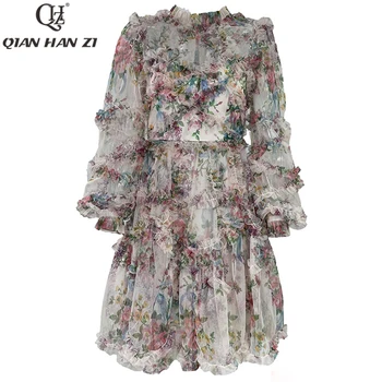 Qian Han Zi Mados Vasaros Moterų Suknelė 2021 m. derliaus Tinklinio spausdinimo Elegantiškas Pynimas Flounced krašto slim suknelė