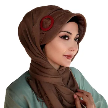 Naujas Moda Hijab Kadın Müslüman Başörtüsü 2021 Islami Kıyafet Türban 2021 Fular Kırmızı Tokalı Koyu Kahverengi Hazır Şapka Şal
