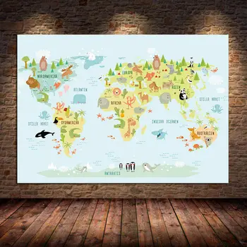 Šiaurės Gyvūnų Pasaulio Žemėlapyje, Drobė, Tapyba Darželio Plakatų ir grafikos Animacinių filmų Sienos Menas Nuotraukas Cuadros Vaikams Miegamasis Neįrėminti