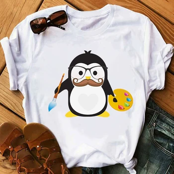 Mielas pingvinas Atspausdinta marškinėliai Moterims Grafinis Tees Apvalios Kaklo trumpomis Rankovėmis Vasaros Viršūnes Ponios Harajuku tShirts Ropa De Verano Mujer