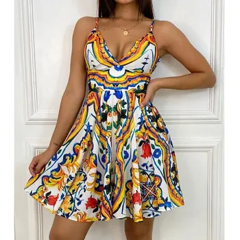 Hirigin 2021 Moterų Boho Bodycon Atspausdinta Suknelės be Rankovių Suknelės Ponios Elegantiškas Vasaros Derliaus Sundress V-kaklo Mini Suknelė