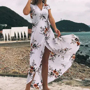 Vasaros Suknelės Moterims 2021 Naują Atsitiktinis Atostogų Maxi Elegantiškas Chalatas, V-kaklo Spausdinti Seksualus Paplūdimio Suknelė Padalinta Ropa Mujer Vestidos Femme