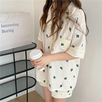CBAFU minkštas patogus medvilnės pižama nustatyti vasaros homewear trumpomis rankovėmis palaidinė, šortai 2 dalių komplektas sleepwear kaktusas M728