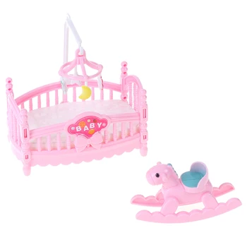 1pc Rožinė Princesė Lėlės Priedai Lėlės Plastikiniai Vaikų Mergaičių Dovana Miniatiūriniai Lovelę Lovos Ir Mediniai Arklys