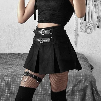 Seksualus Gotikos Trumpas Sijonas Juodas Grunge Punk Stiliaus Plisuotos Aukšto Juosmens Moterų Kniedės Sijonas Kratinys Mados Partywear Goth mini suknelė