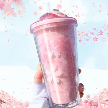 Sakura Plastiko Puodelis su Dangteliu Šiaudų Vandens Butelį Geriamojo Sultys, Pienas, Kava, Puodelis Dvigubos Sienelės Izoliuotos, Masažuoklis BPA Free