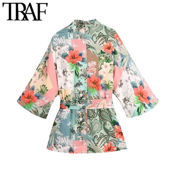 TRAF Moterų Mados Su Diržo Gėlių Spausdinti Kimono Palaidinės Derliaus Trys Ketvirtį Rankovės skeltukais Moterų Marškiniai, Elegantiškos Viršų