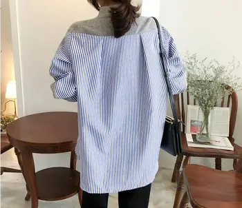 2019 m. Rudenį Naujų Dryžuotas Netikrą dviejų dalių Susiuvimo Netikrą Dviejų dalių Moterų Megzti Outwear Laisvi Marškinėliai Batwing Rankovėmis Megztinis
