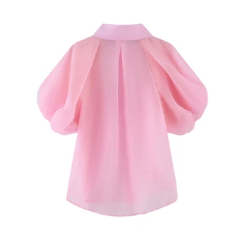 2021 Vasaros Trumparankoviai Viršų Moteriška Elegantiškas Šifono Palaidinė Prancūzijos Karaliaus Stiliaus Blusas Sluoksniuotos Rankovėmis Marškinėliai Rožinės Spalvos Polo Apykakle Viršų