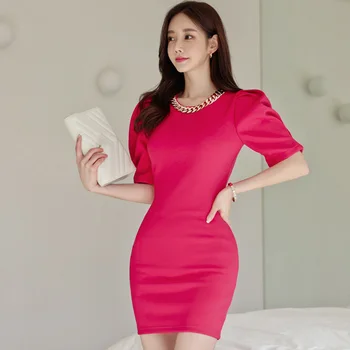 Rožės Raudonos Spalvos Elegantiškas Šalis Suknelė 2021 M. Vasarą Korėjos Stiliaus Mini Suknelė Sluoksniuotos Rankovėmis Dovana Karoliai Aukšto Juosmens Stora Office Lady Suknelė
