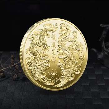 Labai Kinijos Charakteristikos Simbolizuoja Laimę Proginę Monetą Reiškia Laimingas Atnešė Drakonas ir Feniksas