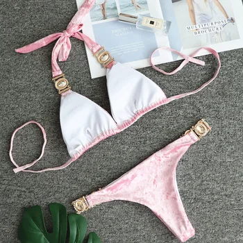 Crystal Bikini Komplektas Tvarstis Velvet Pink Maudymosi Kostiumėliai Maudymosi Kostiumėlį, Maudymosi Kostiumą, Moterims Sexy Thong Bikini Aukso Krištolo Akmens Paplūdimio Drabužiai