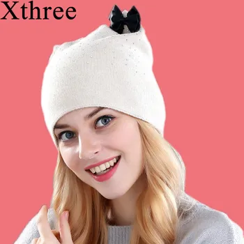 Xthree Triušio kailio, vilnos megztus skrybėlę žiemos pavasario Skullies beanies skrybėlę moterų, mergaičių katytė skrybėlę feminino