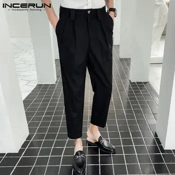 INCERUN 2021 Vyrų Mados Atsitiktinis Kelnės Mygtuką vientisos Spalvos korėjos Laisvalaikio Verslo Kelnės Vyrams Streetwear Kišenės Pantalon S-5XL