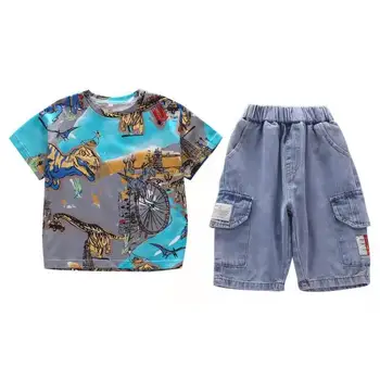 Vasaros vaikų drabužių 2021 berniukų Paauglių drabužių kietas medvilnės atsitiktinis trumpas rankovės marškinėliai+džinsinio šortai 2-13Y vaikams drabužių