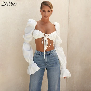 Nibber prancūzijos Romantiškas, Elegantiškas Apkarpyti Viršūnes Moterų Saldus marškinėliai-Vasaros Gatvėje, Laisvalaikio Drabužiai Moterų Balta Visą Rankovėmis Tee 2021Top
