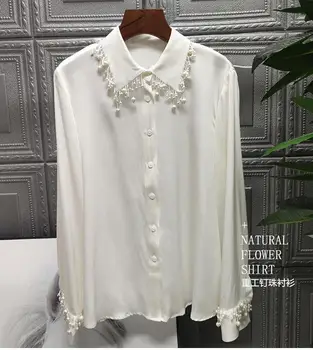 2021 m. Pavasarį Naujas Baltos spalvos Atvartas Marškinėliai Prarasti Perlų Karoliukus, Kutas Moterų ilgomis Rankovėmis vientisos Spalvos moteriškos Palaidinukės
