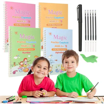 4 Knygos/Nustato Vaikų Magija Knygos, Daugkartinio naudojimo 3D Kaligrafija Copybooks, anglų Skaičius Užrašu Magija Praktikoje Copybooks
