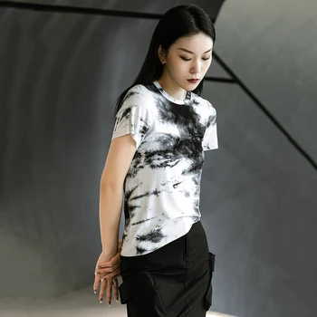 [EAM] Moterys, Baltos Modelis Atspausdintas Nereguliarus Cut marškinėliai Naujas Apvalios Kaklo trumpomis Rankovėmis Mados Banga Pavasario Vasaros 2021 1DD9636