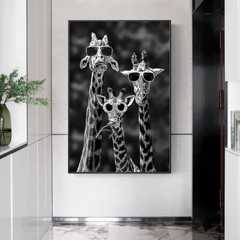 Juokinga Meno Žirafos su Akiniais Plakatai ir grafika Juoda ir Balta Gyvūnų Drobės Tapybos Sienos Menas Nuotraukos Namų Puošybai