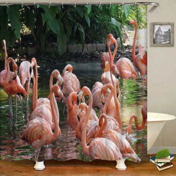 Flamingo Dušo Užuolaidos Vandeniui Audinio 3d Vonios Užuolaidos Rožinis Paukščių, Su Kabliais, Apdailos Didelio Dydžio 240X180 Vonia Ekranas