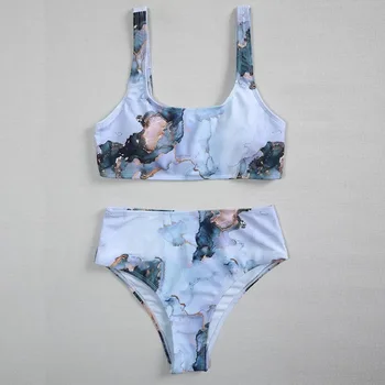 Seksualus Marmuro tie Dažai Išspausdintas Ponios Padalinta maudymosi kostiumėlį U-kaklo Aukštos Juosmens Bikini 2021