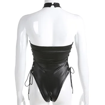 4XL Moterų Sexy pu Dirbtiniais Odos Pusėje Nėrinių Bodysuits Erotika Leotard Kostiumai Gumos Lanksti Fetišas Karšto Latekso Catsuit Clubwear