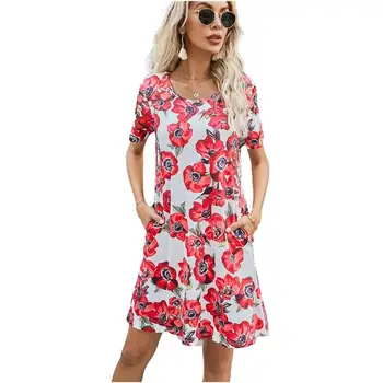 Moterys, Vasaros Rožių Gėlių Spausdinti Kišenėje Trumpas Rankovės O-Kaklo Suknelės Atsitiktinis Šalies Elegantiškas Suknelės Mados Paplūdimio Sundress Vestidos