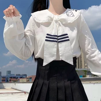 HOUZHOU Kawaii Marškinėliai Minkštųjų Mergina Harajuku Gražus Sluoksniuotos Rankovėmis Palaidinė Paauglių Sailor Apykaklės Japonija Stiliaus Studentų Mygtuką Iki Pavasario