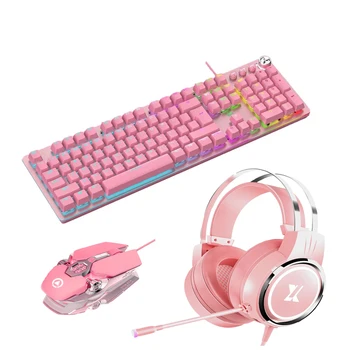 Pink Klaviatūros, Pelės, Ausinės Rinkiniai PC 104 Keycaps Mechaninė Keybaord su 3200DPI Makro Pele ir Triukšmą Ausinės