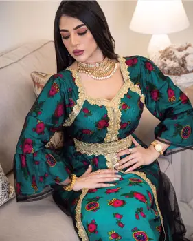 Islamo Spausdinti siuvinėjimas nėrinių tinklelio suknelė dubajaus musulmonų musulmonų moterims Saudo Arabų Ramadanas Eid Laukinių Drabužius Saudo Arabų