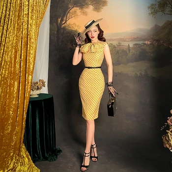 Le Palais Derliaus 2021 M. Vasarą Naujas Originalus Elegantiškas Moterų Suknelė Lankas Apykaklės, Rankovių Geltona Juoda Dot Rinkti Juosmens, Plonas Suknelės