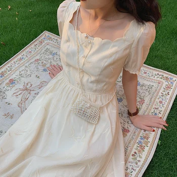 Siuvinėjimo Midi Vintage Suknelė Moterims Vasarą Madingas Prašmatnus Korėjos Princesė Dress 2021 Office Lady Elegantiškas Šalis Atostogų Pasakų Suknelė