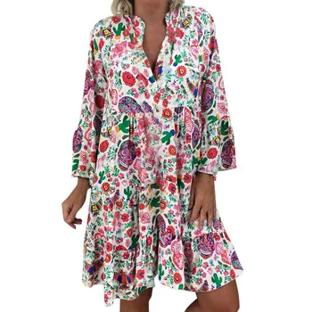 Mados Moterų Atsitiktinis Colorfui Suknelė Ponios Palaidų Gėlių Spausdinti Trys Ketvirtį Rankovėmis Mini Suknelė Vasaros Suknelė