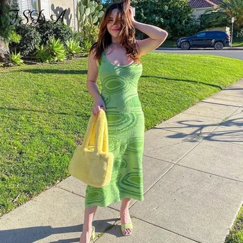 žemiausia kaina 2021 Spausdinti Mezgimo Bodycon Suknelė Moterims Žalia Y2K Tuščiaviduriai Paplūdimio Suknelė Seksualus Rankovių Spageti Dirželis Midi Šalis Suknelės