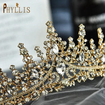 PHYLLIS A158 Aukso Nuotaka Crystal Crown Princess Šukuosena Gimtadienio Lankelis Vestuvių Plaukų Papuošalai, Vestuviniai Tiara Derliaus galvos Apdangalai